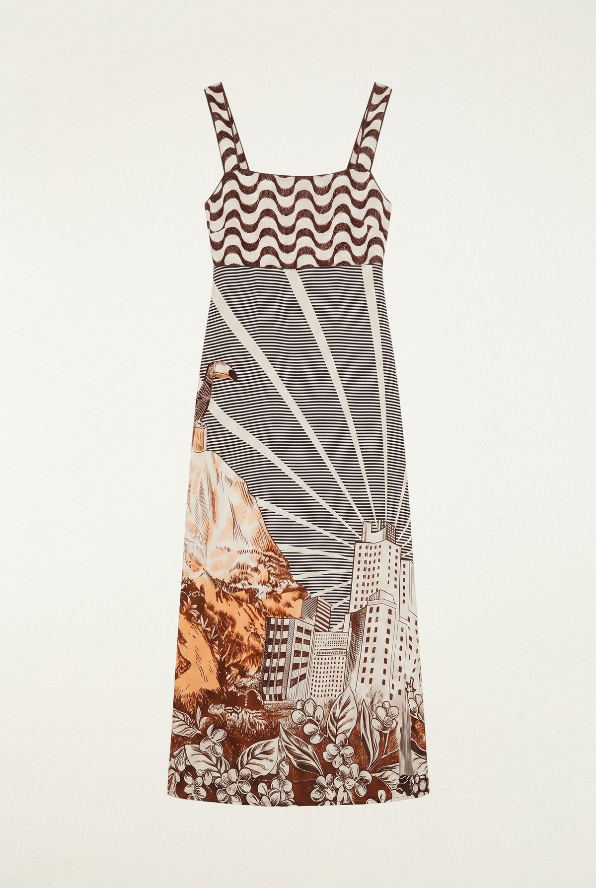 Vestido midi sin mangas con pañuelos Mixed Carioca Coffee