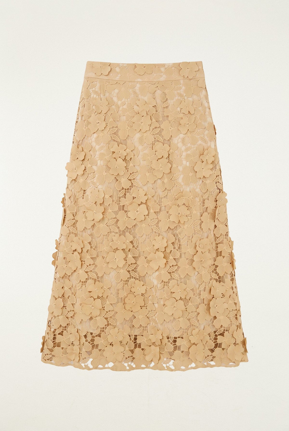 Falda midi forrada con bordado color arena