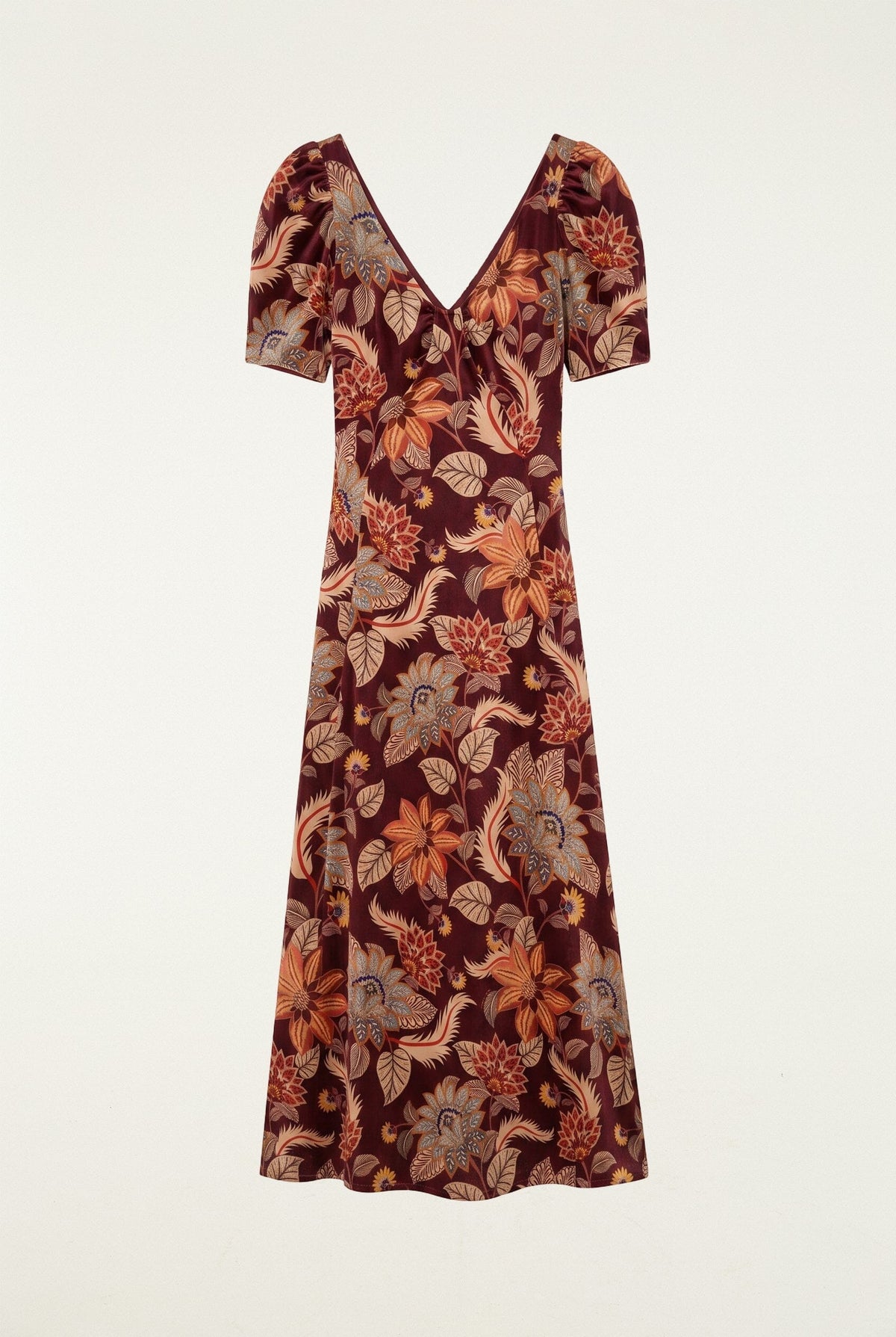 Samt-Maxikleid mit Delhi-Blumenmuster und kurzen Ärmeln
