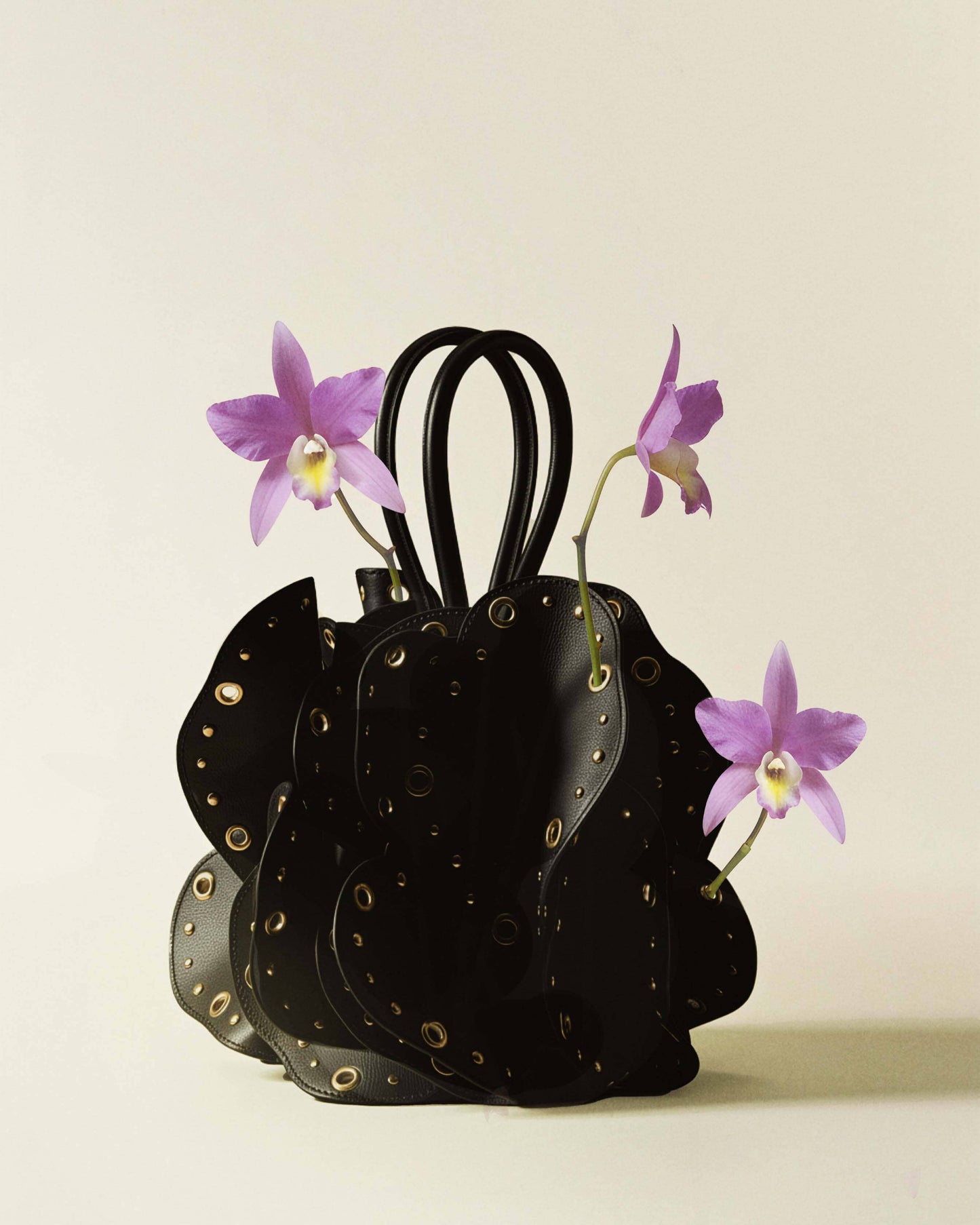 Black Leather Studded Flower Bag