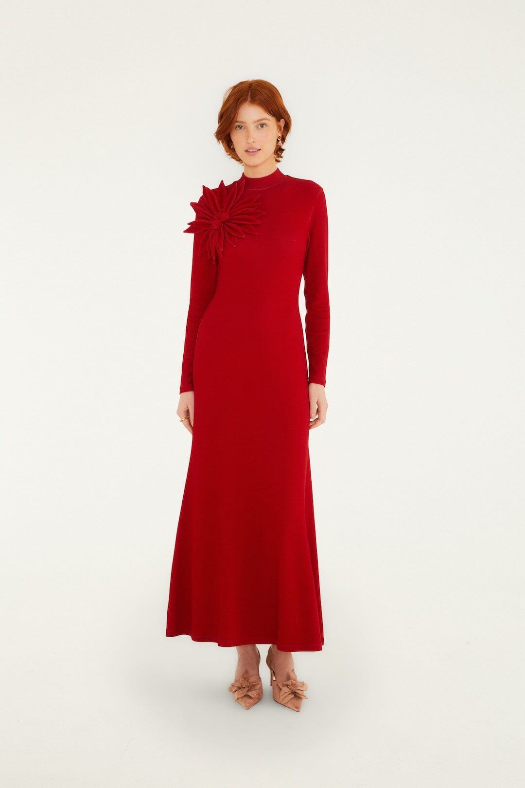 FARM Rio model wearing the 3d Flower Long Sleeve Maxi Dress