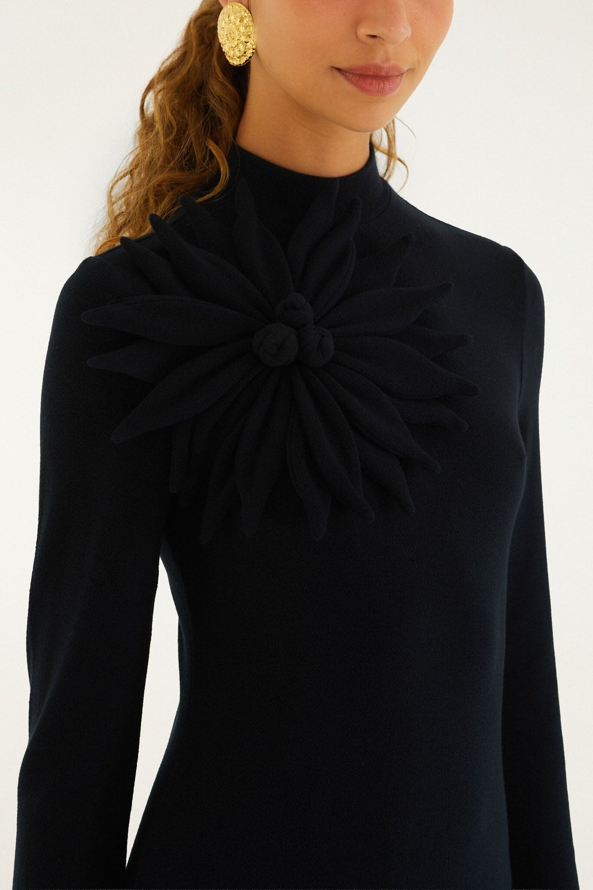 FARM Rio model wearing the 3d Flower Long Sleeve Maxi Dress