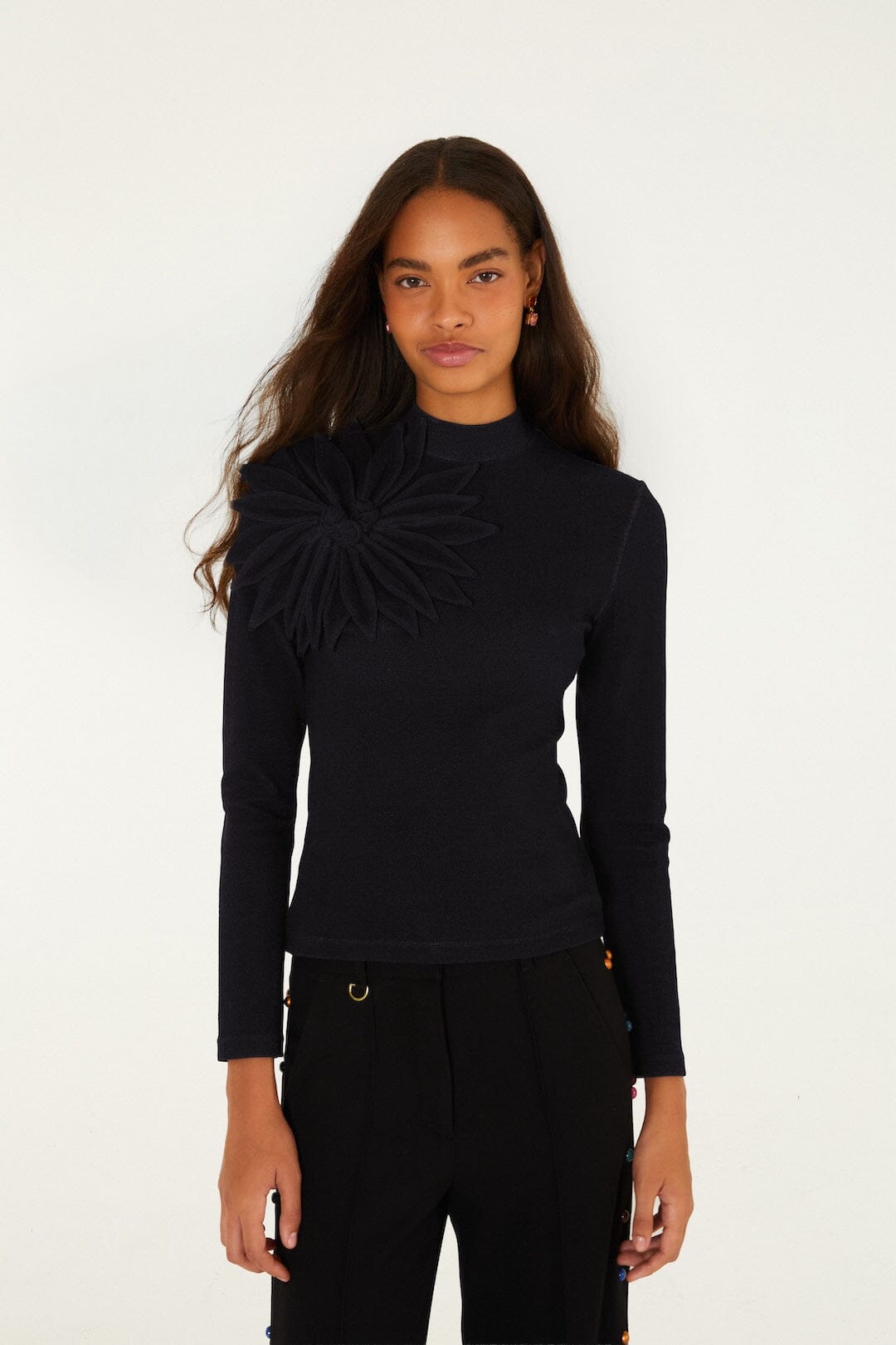 FARM Rio model wearing the 3d Flower Long Sleeve Turtleneck