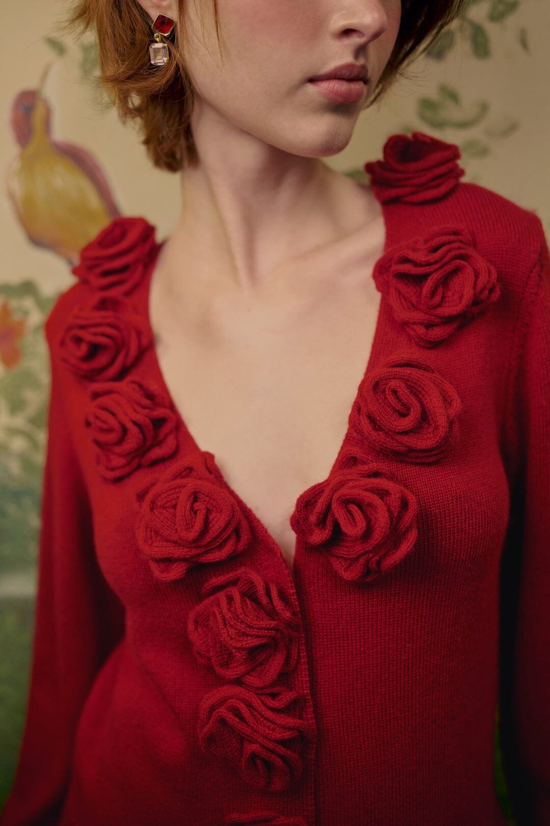 FARM Rio model wearing the 3d Flowers Knit Cardigan