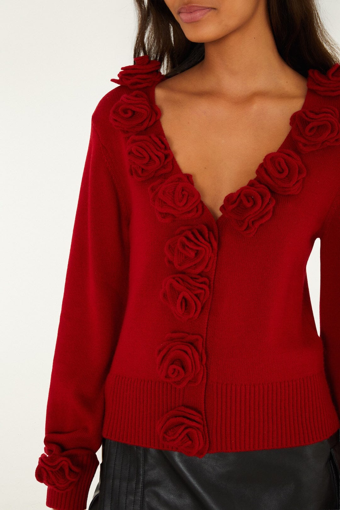FARM Rio model wearing the 3d Flowers Knit Cardigan