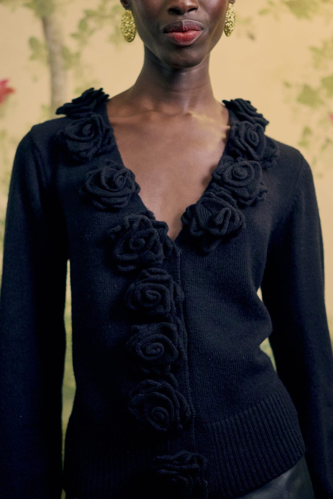 FARM Rio model wearing the 3d Flowers Knit Cardigan