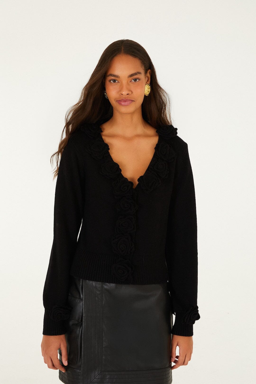 FARM Rio model wearing the 3d Flowers Knit Cardigan