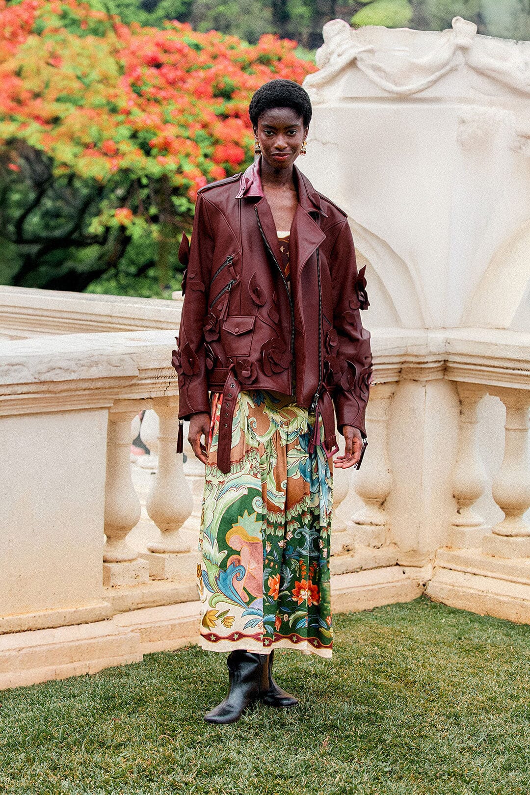 FARM Rio model wearing the 3d Flowers Zippers Biker Leather Jacket