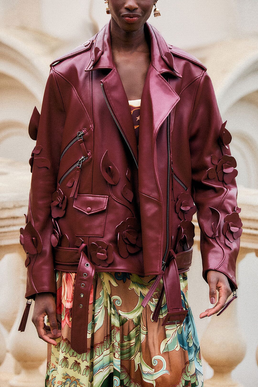 FARM Rio model wearing the 3d Flowers Zippers Biker Leather Jacket