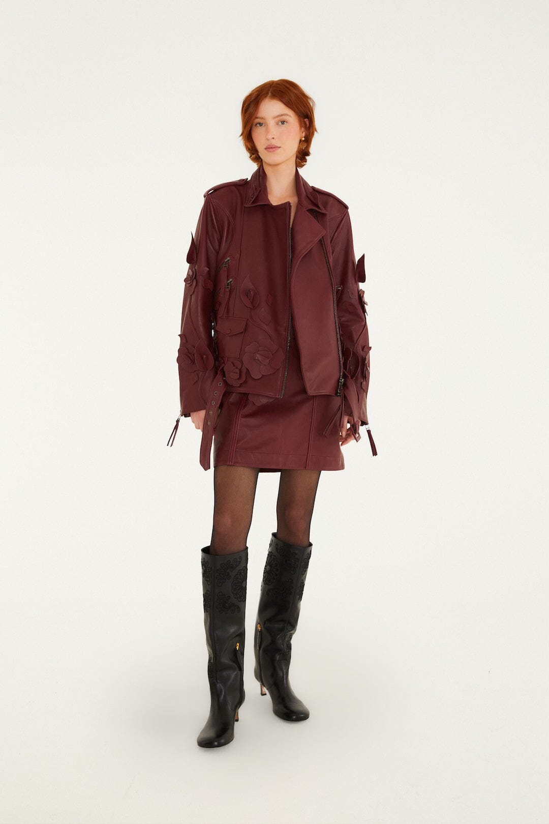 FARM Rio model wearing the 3d Flowers Zippers Biker Leather Jacket