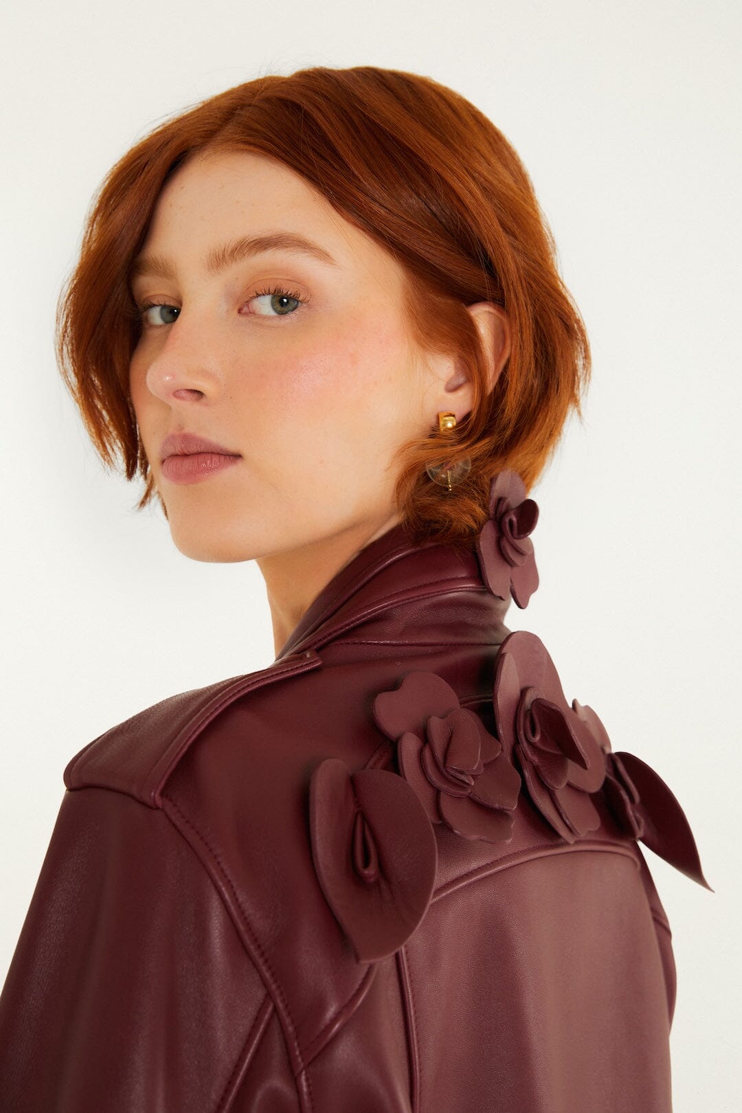 FARM Rio model wearing the 3d Flowers Zippers Biker Leather Jacket