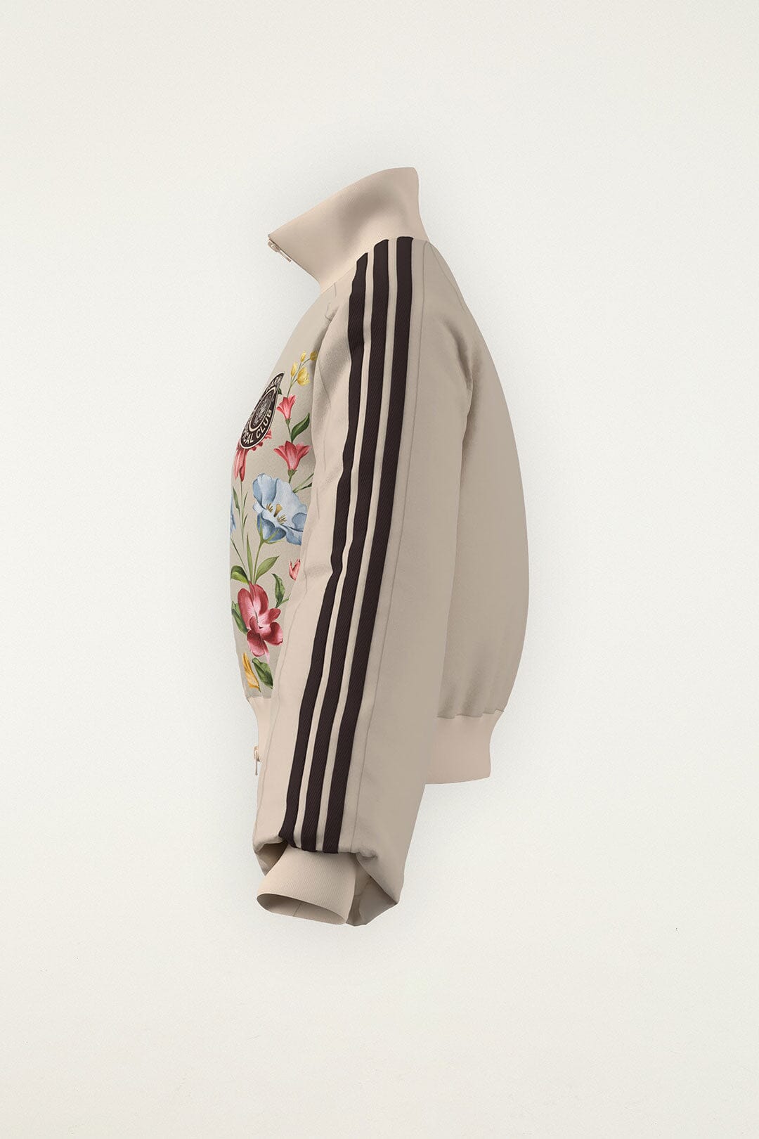 FARM Rio model wearing the Ainika Floral Off-White Adidas Track Top