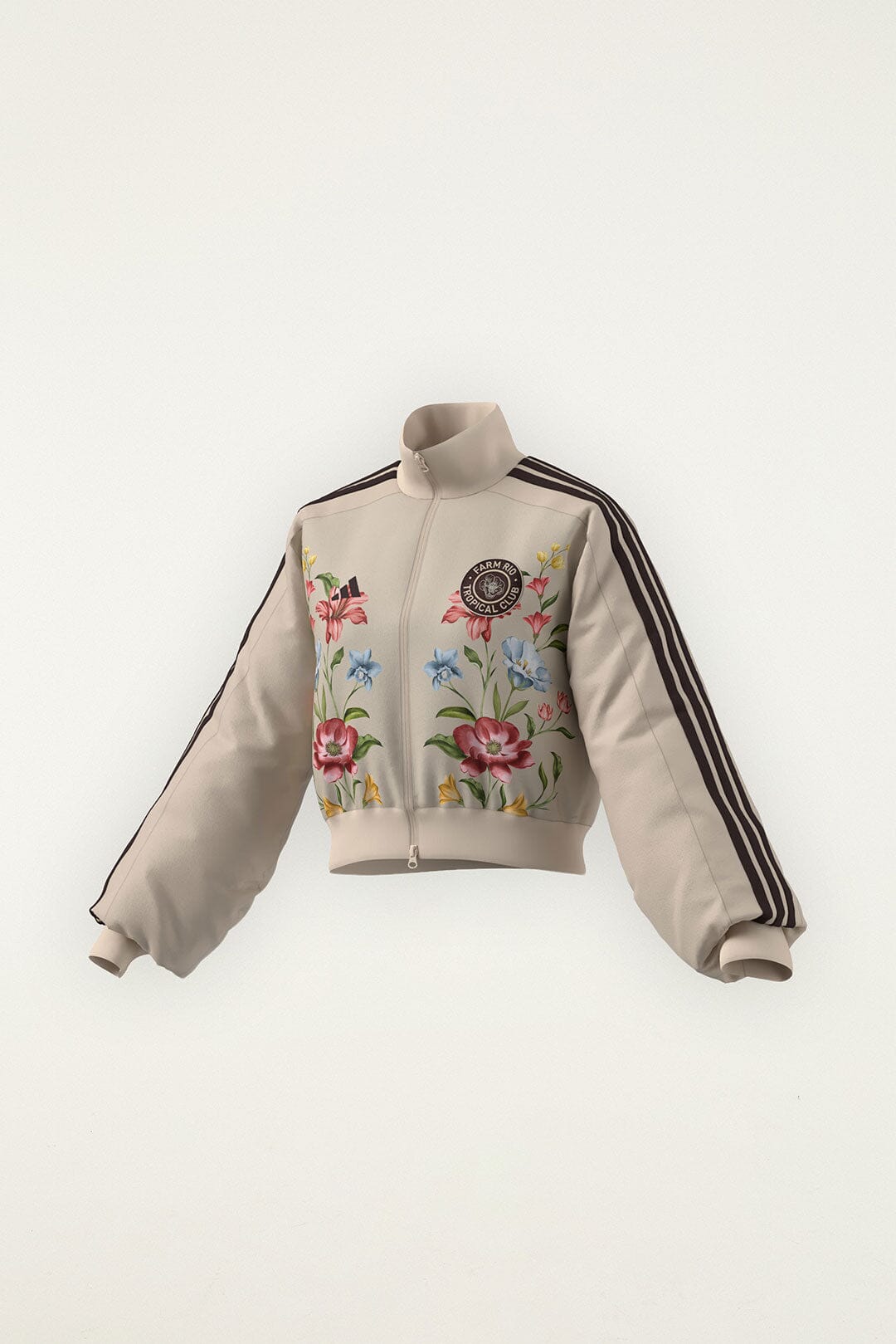 FARM Rio model wearing the Ainika Floral Off-White Adidas Track Top
