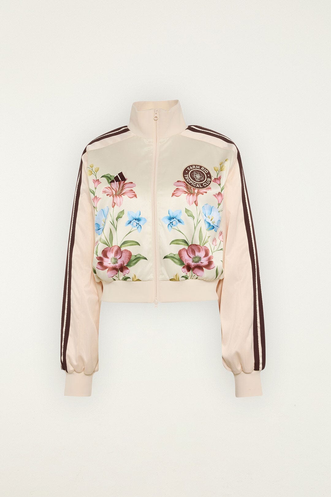 FARM Rio model wearing the Ainika Floral Off-White Adidas Track Top