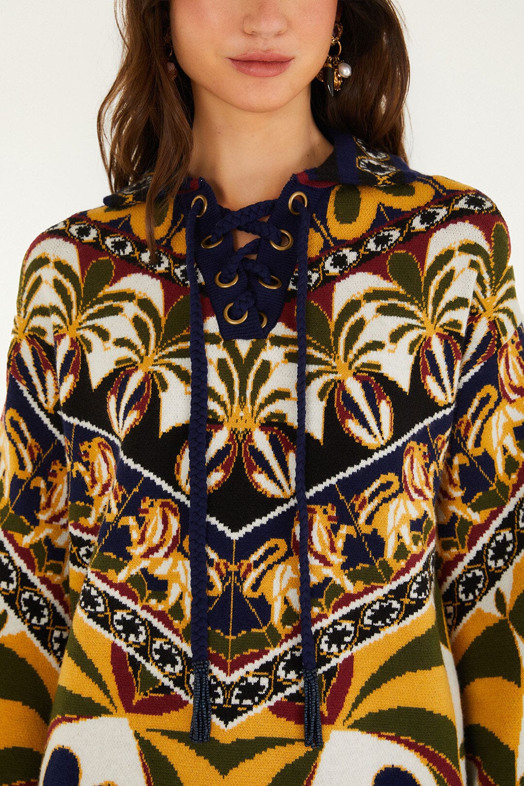 FARM Rio model wearing the Ainika Pietra Dura Knit Sweater