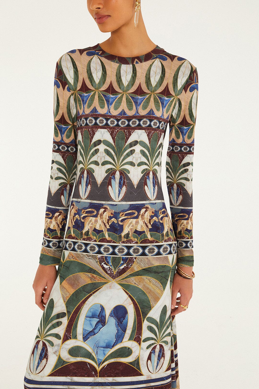 FARM Rio model wearing the Ainika Pietra Dura Long Sleeve Midi Dress