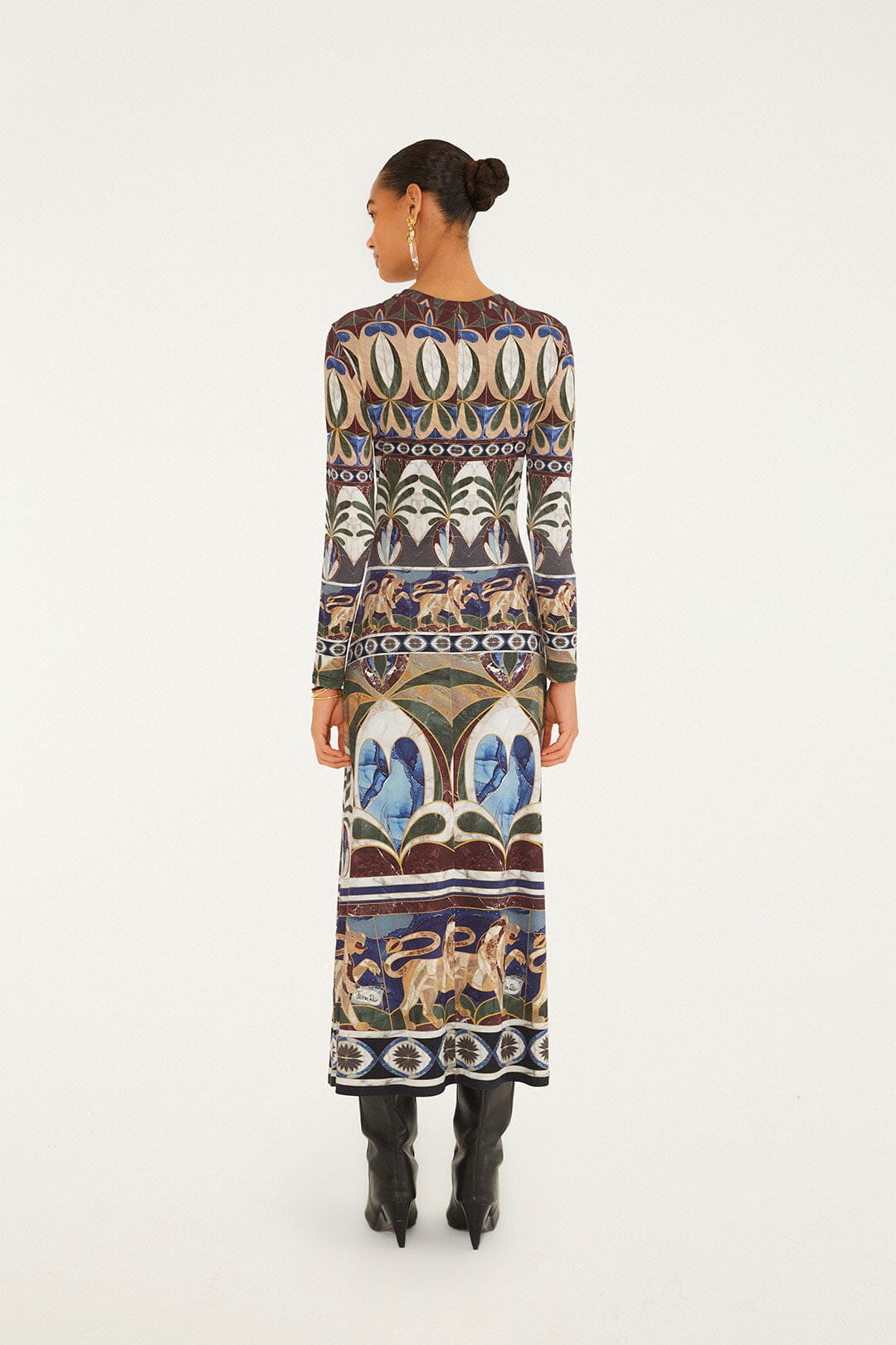 FARM Rio model wearing the Ainika Pietra Dura Long Sleeve Midi Dress