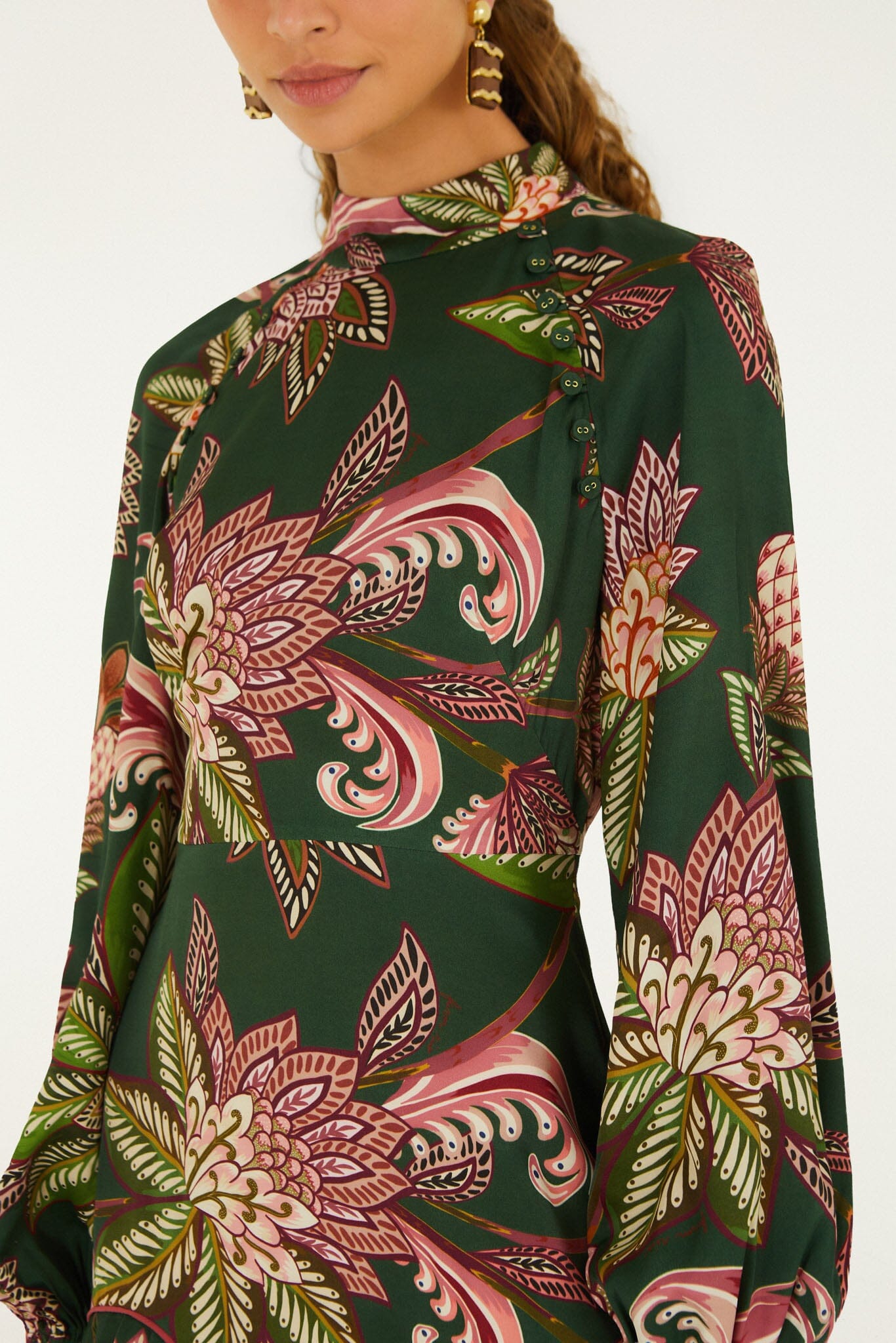 FARM Rio model wearing the Arabesque Paradise Floral Mini Dress