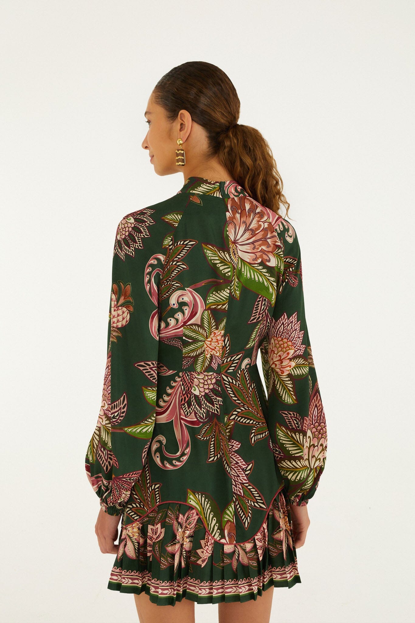 FARM Rio model wearing the Arabesque Paradise Floral Mini Dress
