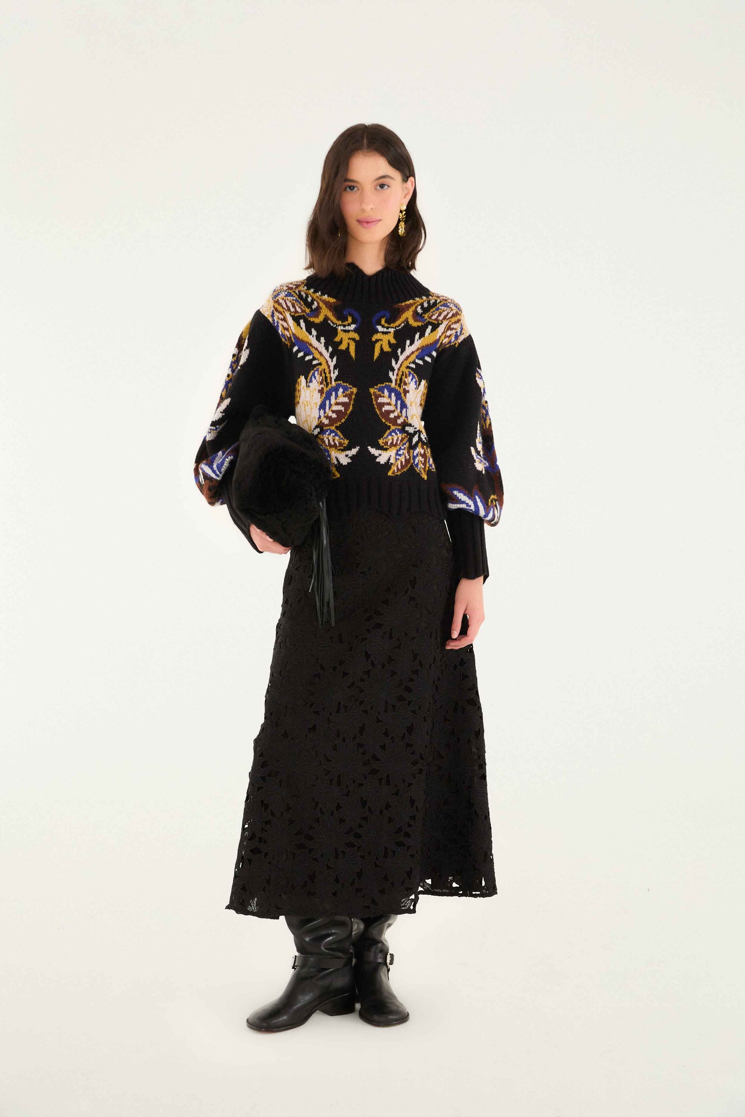 FARM Rio model wearing the Arabesque Paradise Knit Sweater