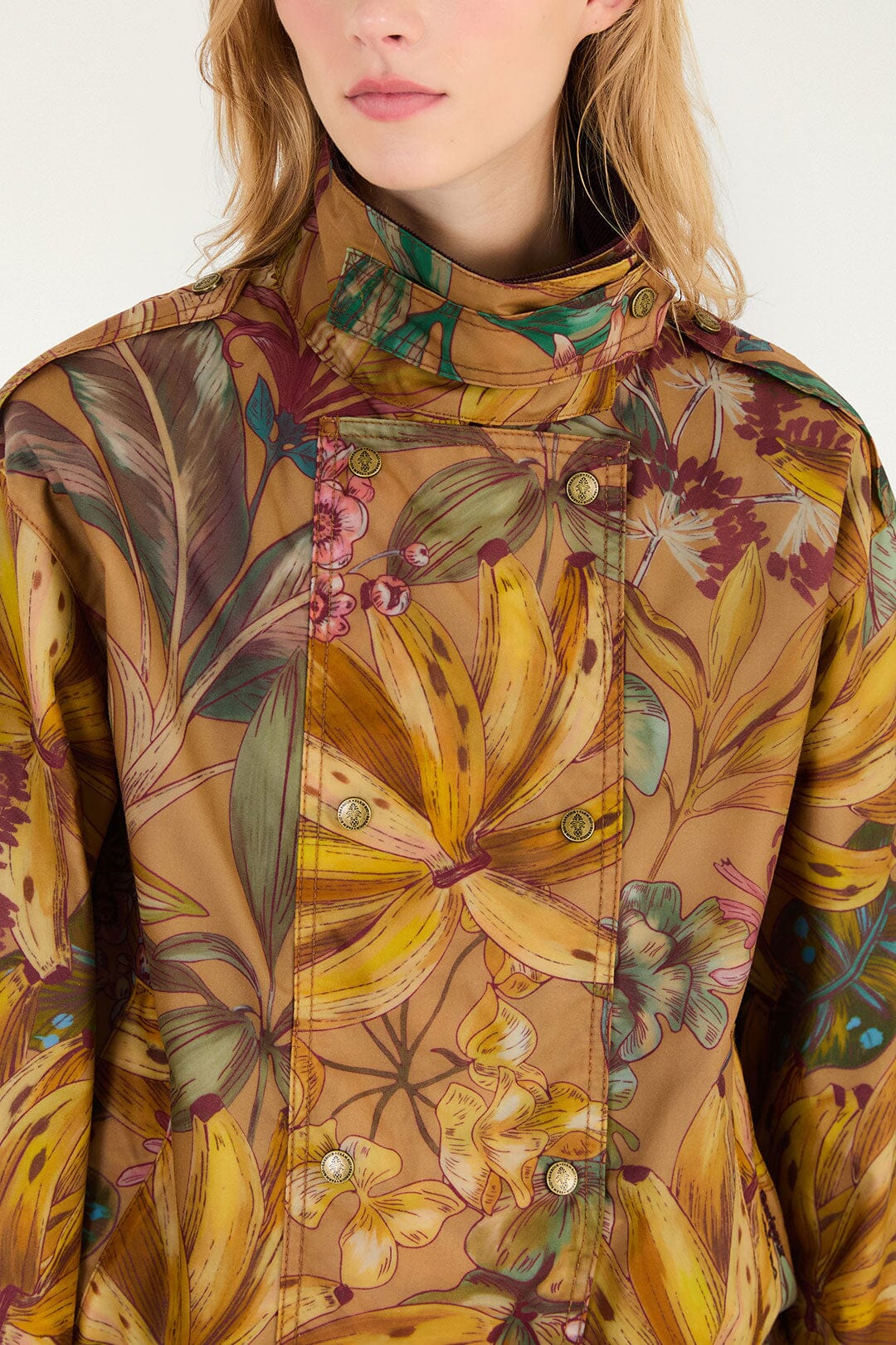FARM Rio model wearing the Banana Groove High Neck Wax Coat