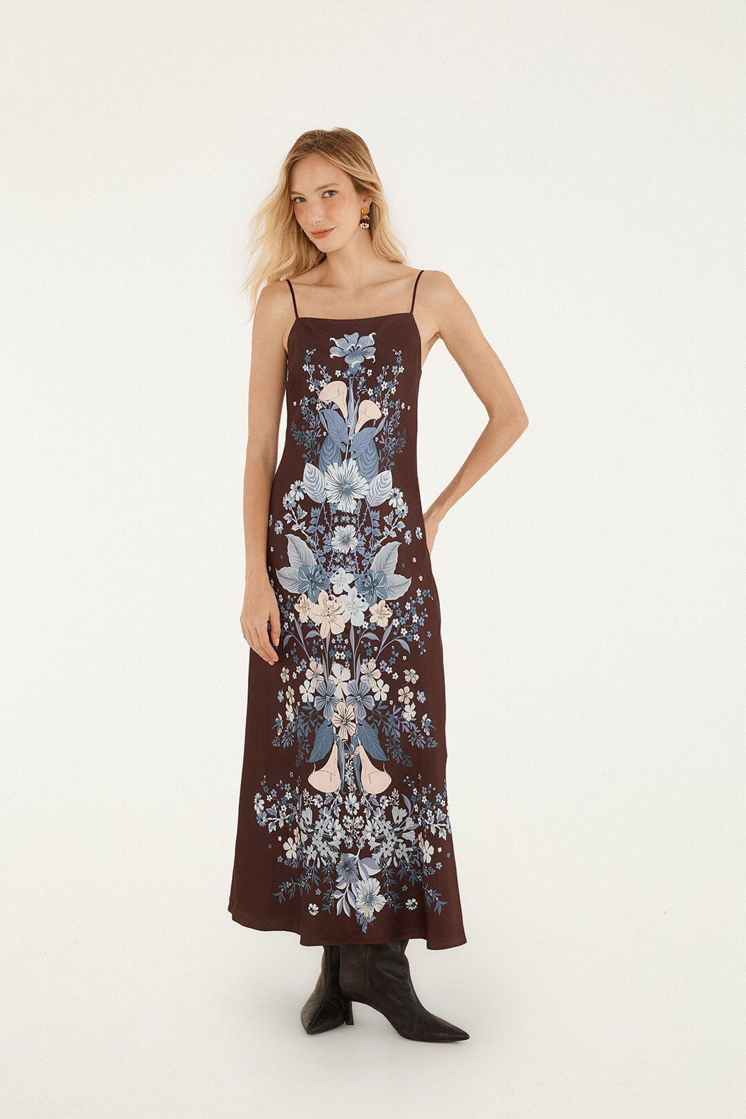 FARM Rio model wearing the Beauty Bouquet Slip Maxi Dress