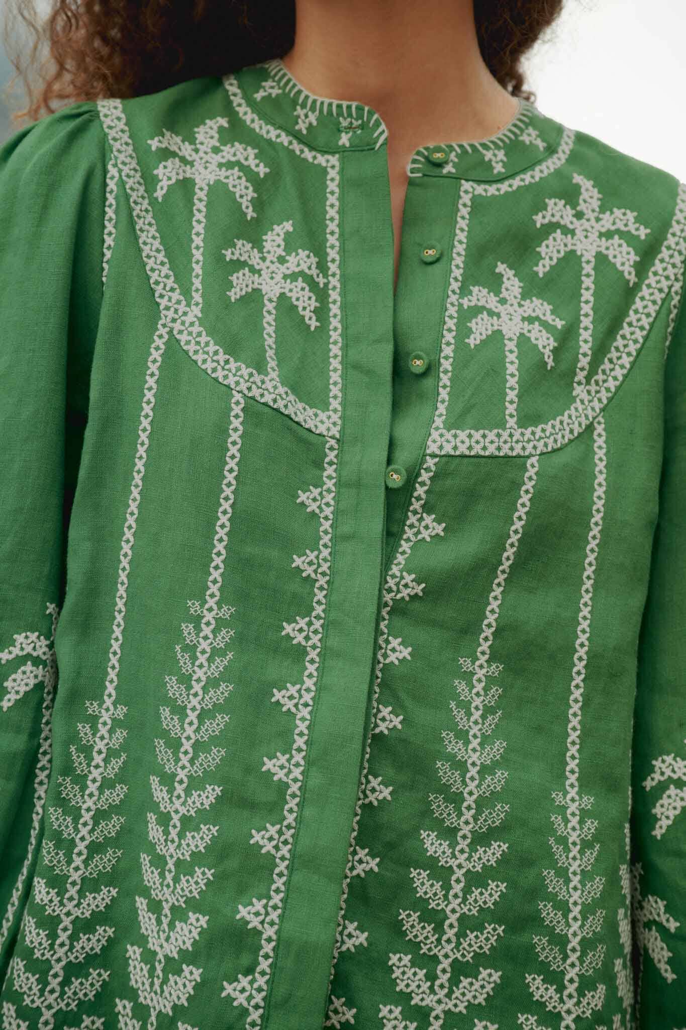 FARM Rio model wearing the Bicolor Cross Stich Embroidery Blouse Long Sleeve