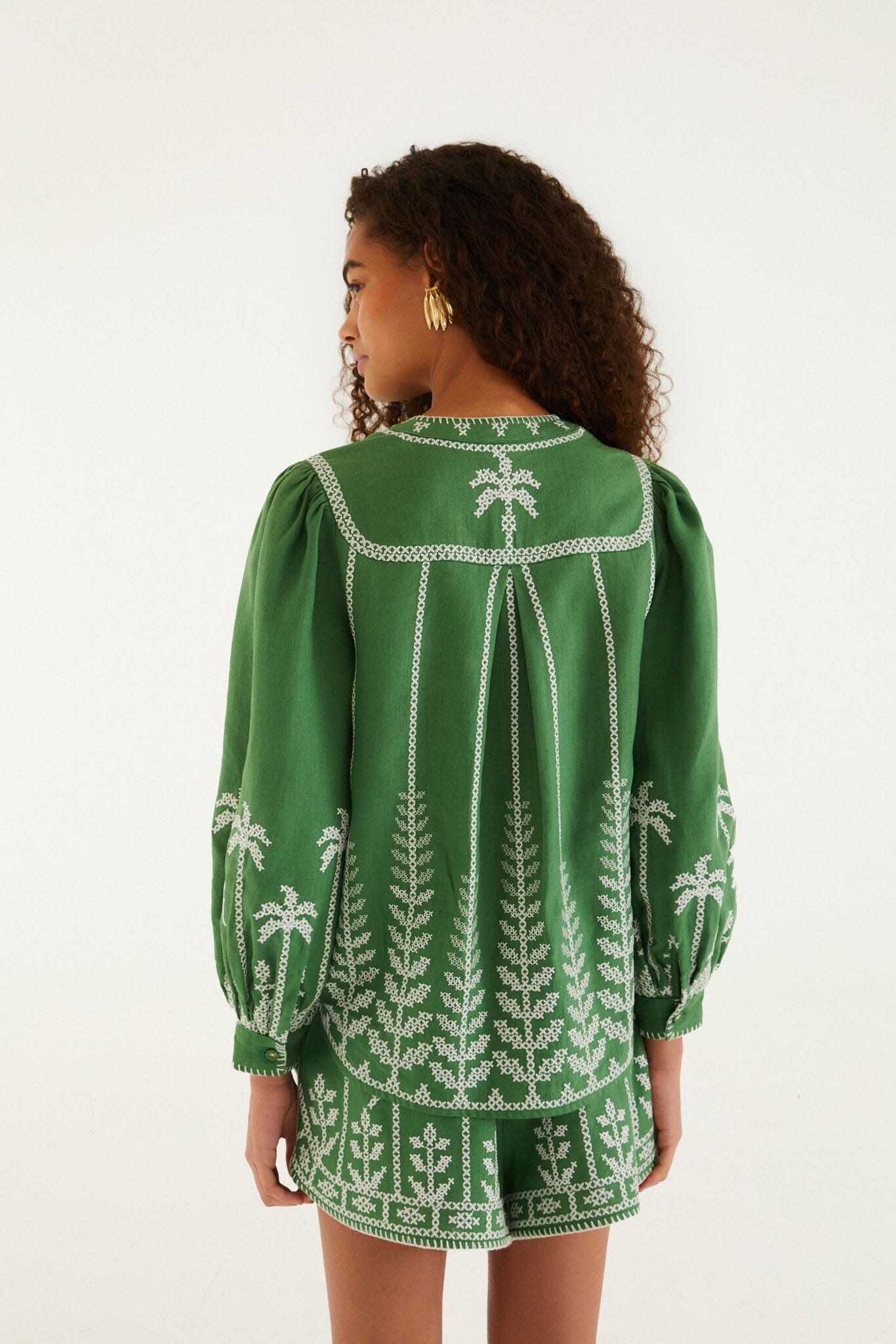 FARM Rio model wearing the Bicolor Cross Stich Embroidery Blouse Long Sleeve