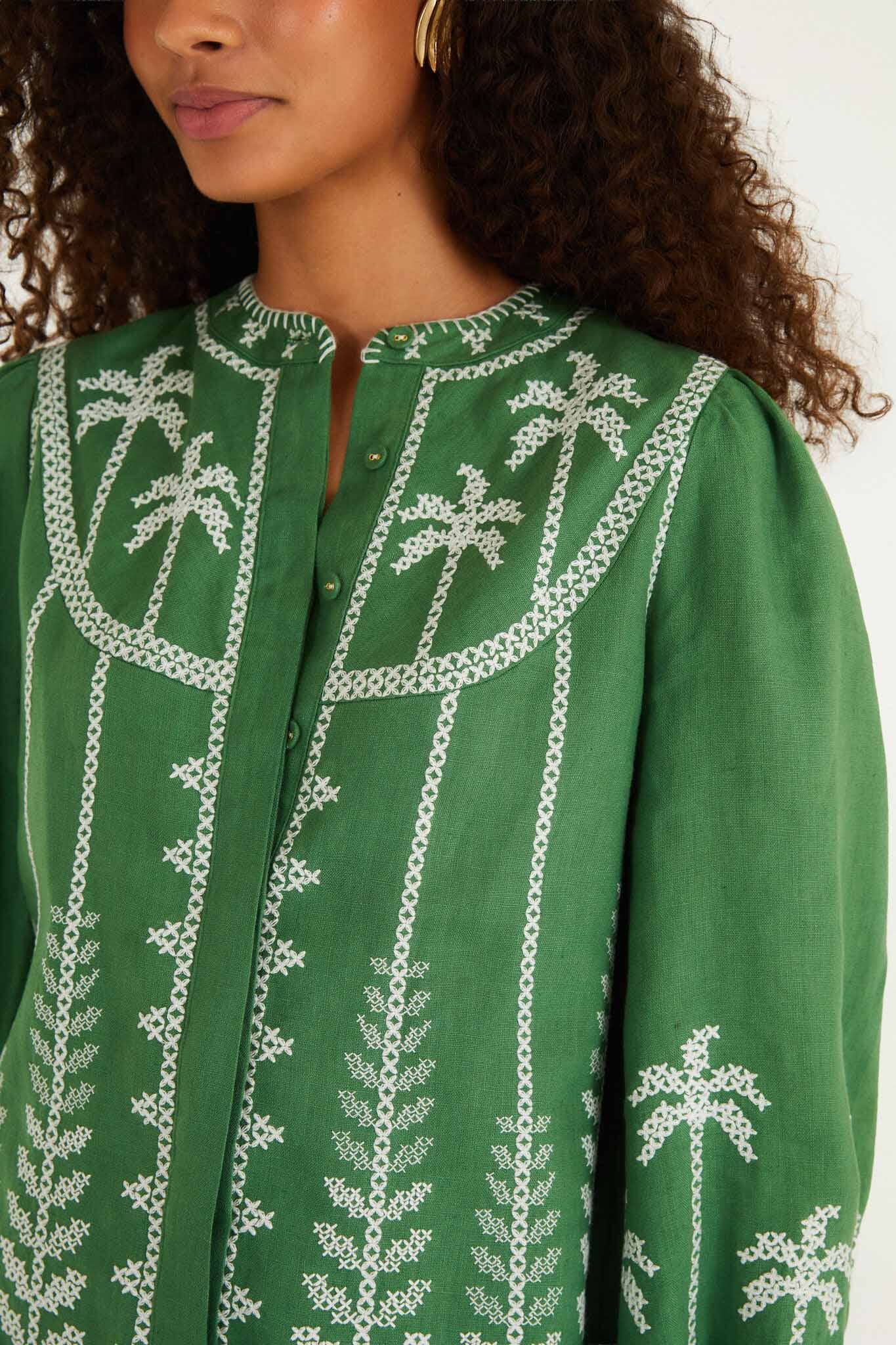 FARM Rio model wearing the Bicolor Cross Stich Embroidery Blouse Long Sleeve