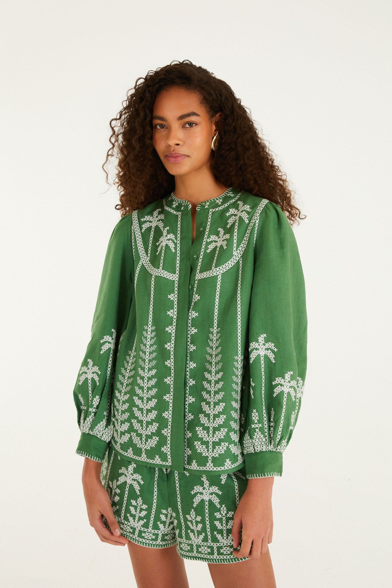 FARM Rio model wearing the Bicolor Cross Stich Embroidery Blouse Long Sleeve