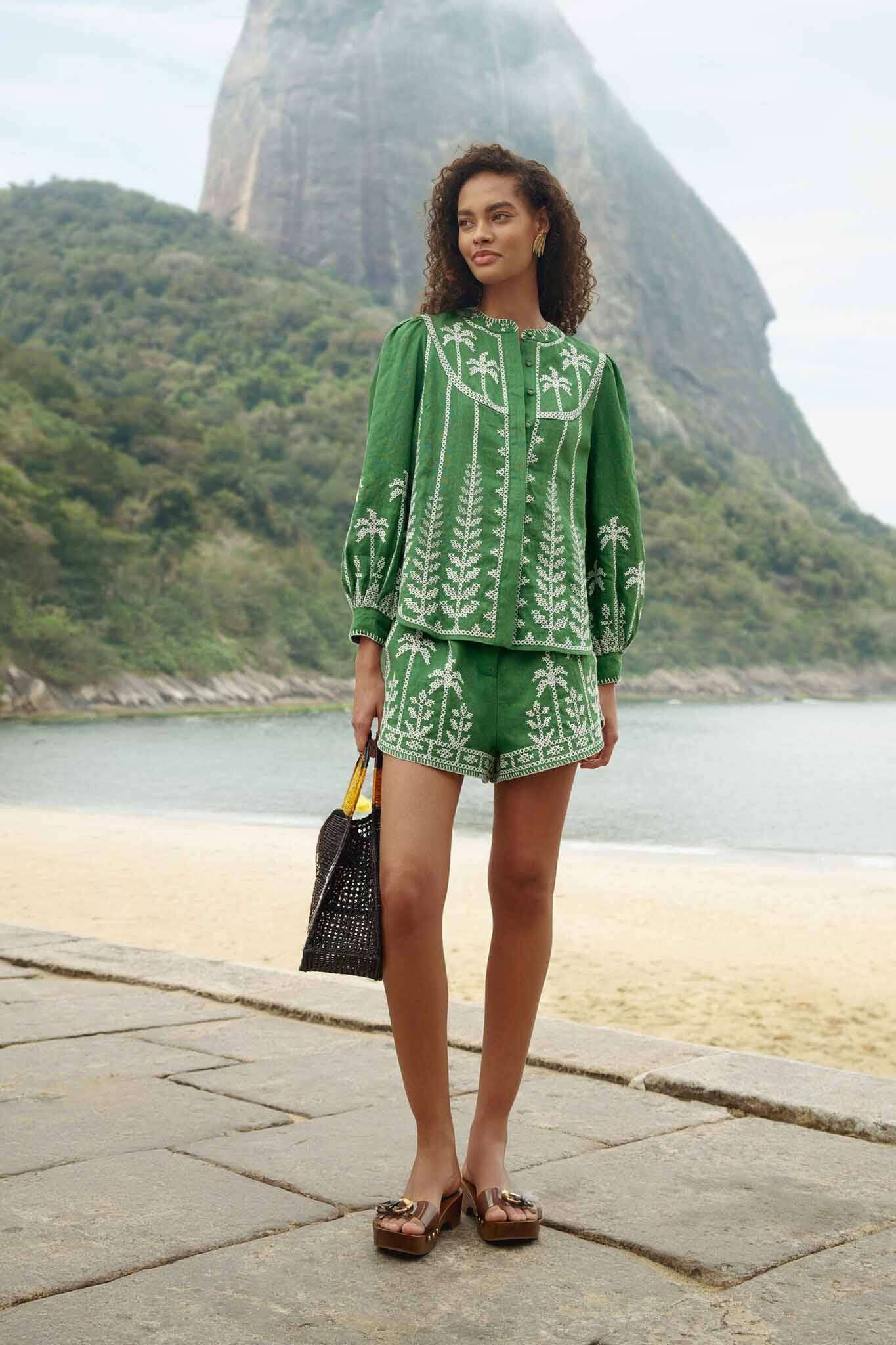 FARM Rio model wearing the Bicolor Cross Stich Embroidery Shorts