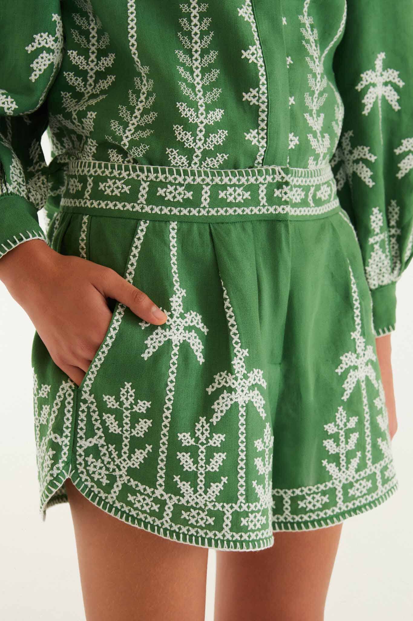 FARM Rio model wearing the Bicolor Cross Stich Embroidery Shorts