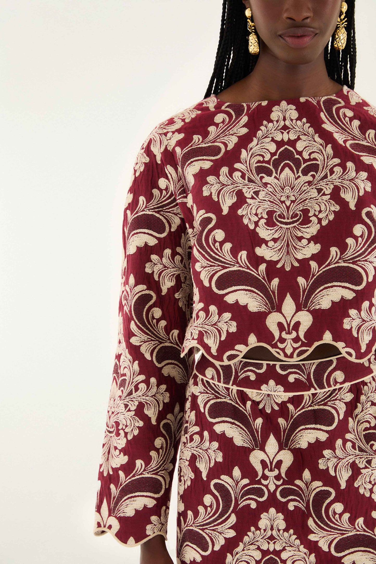 FARM Rio model wearing the Bicolor Jacquard Waves Long Sleeve Top