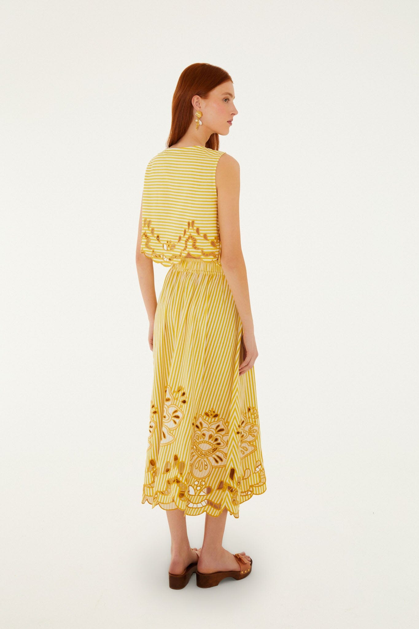 FARM Rio model wearing the Bicolor Stripes Richelieu Lenzing Ecovero Euroflax Midi Skirt
