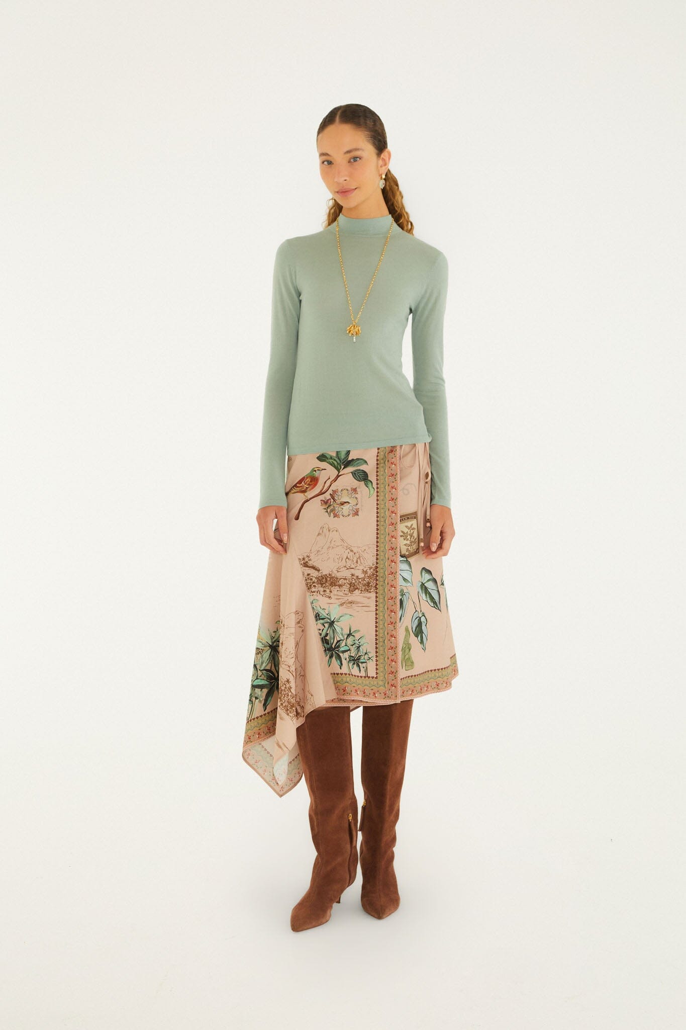 FARM Rio model wearing the Bird Poetry Midi Skirt