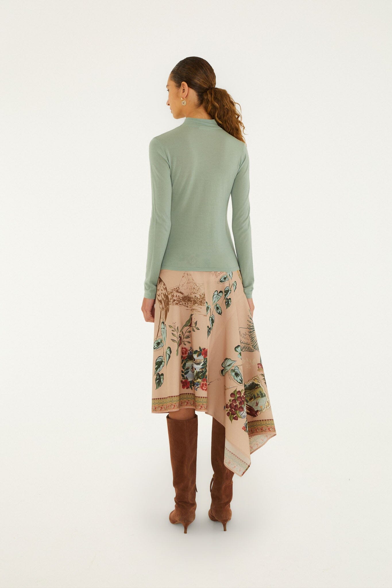 FARM Rio model wearing the Bird Poetry Midi Skirt