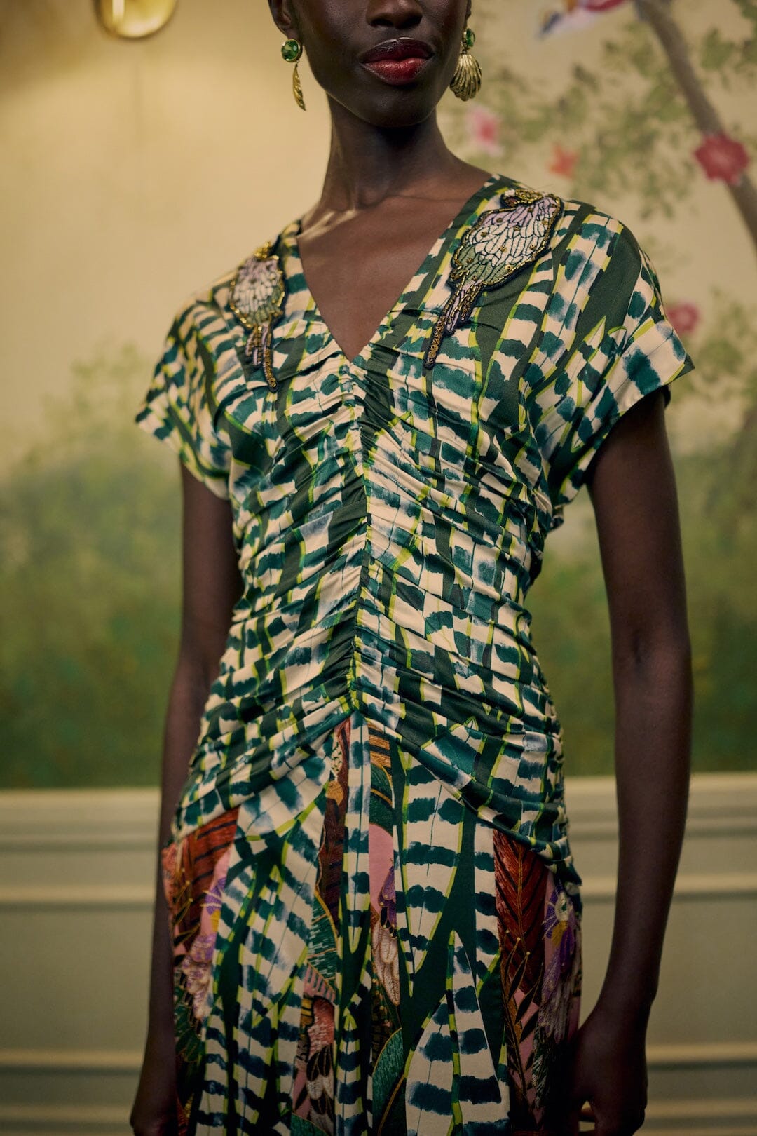 FARM Rio model wearing the Birds And Striped Leaves Embroidered Maxi Dress