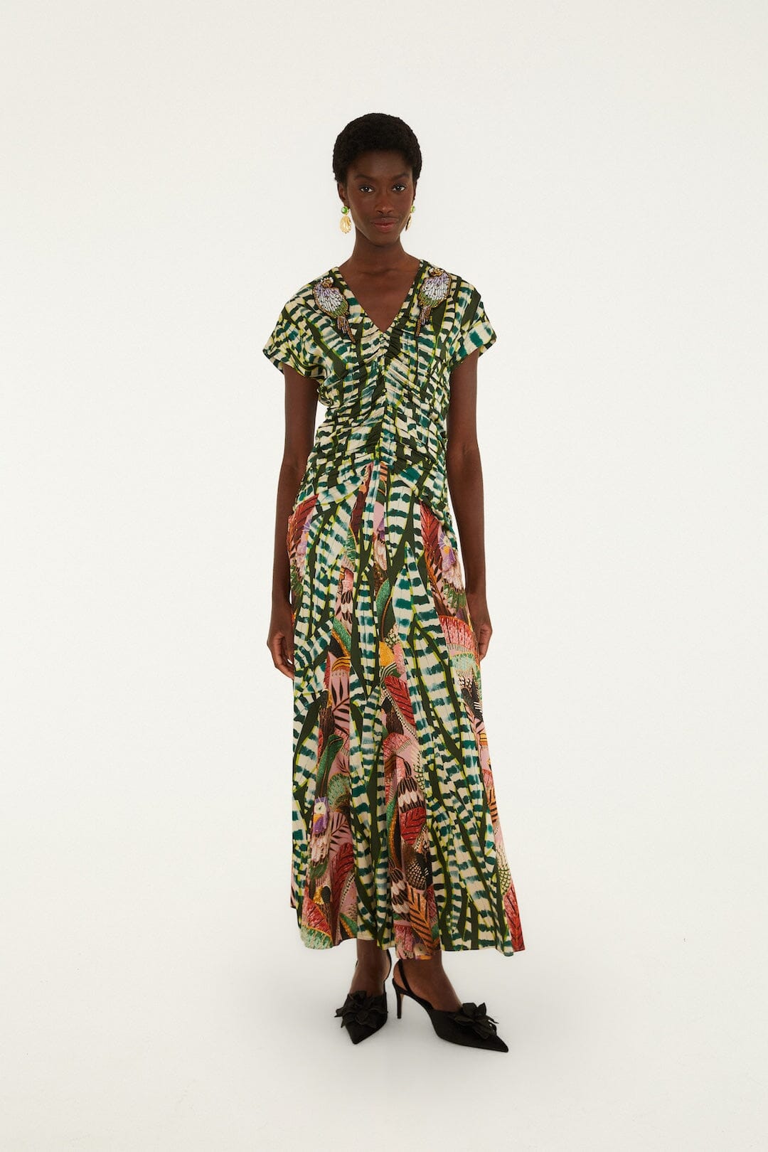 FARM Rio model wearing the Birds And Striped Leaves Embroidered Maxi Dress