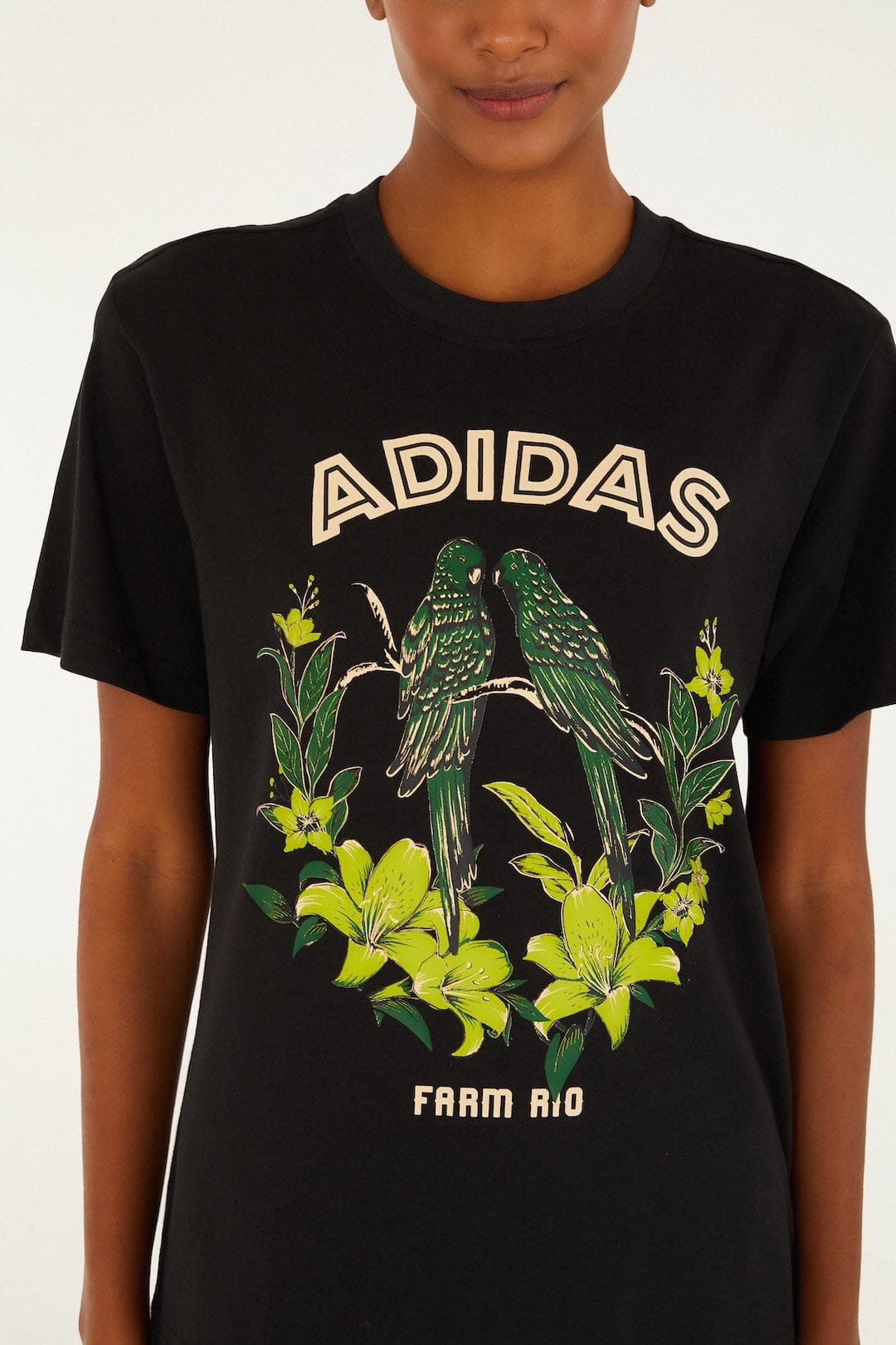FARM Rio model wearing the Birds Black Adidas T-Shirt