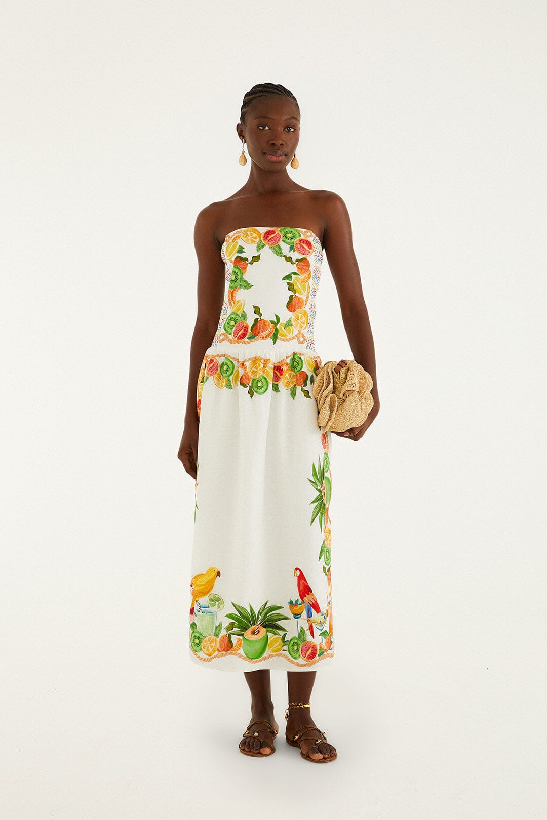 FARM Rio model wearing the Biricutico Scarf Off-White Strapless Maxi Dress