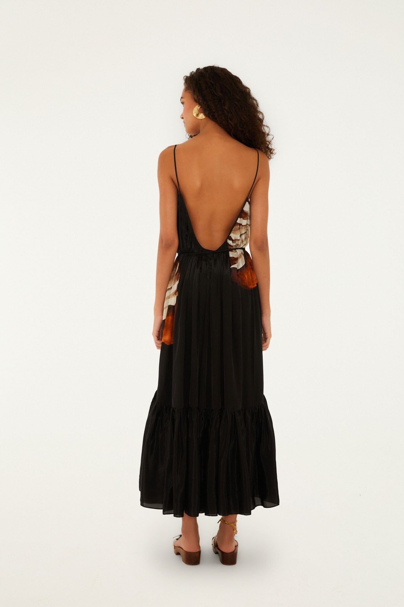 FARM Rio model wearing the Black Ammonite Belted Pockets Open Back Maxi Dress