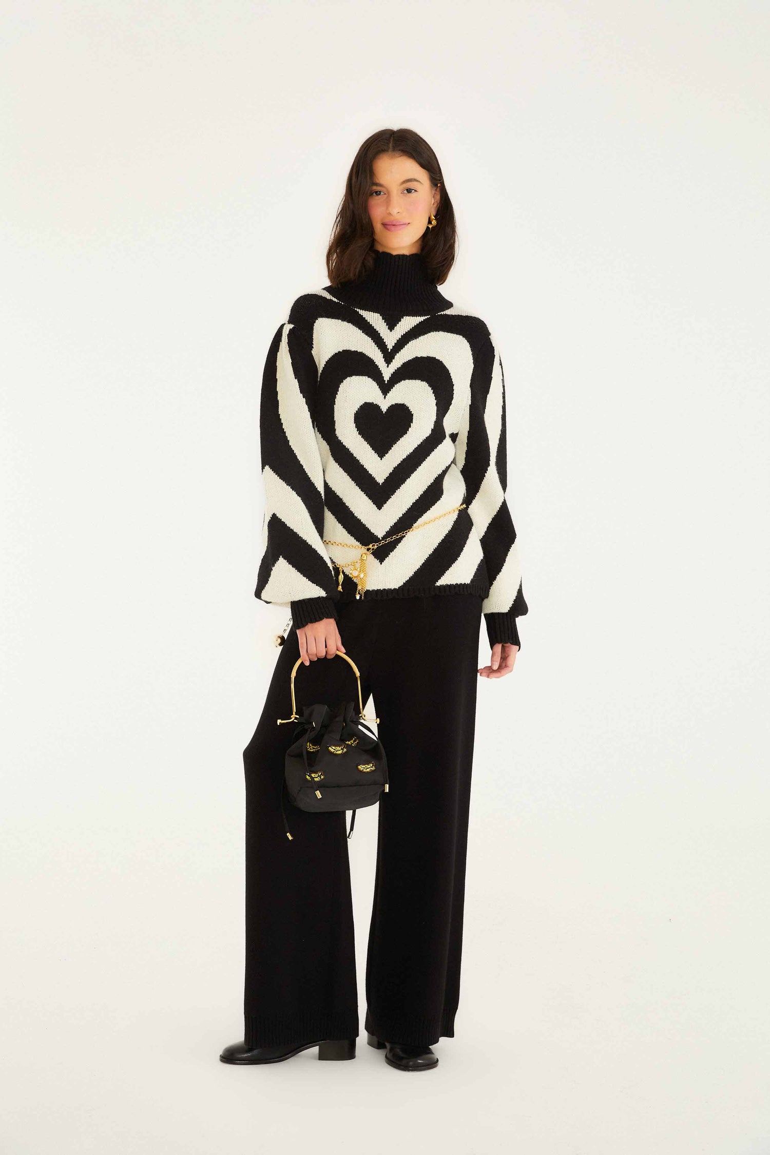 FARM Rio model wearing the Black And White Heart Gradient Knit Sweater