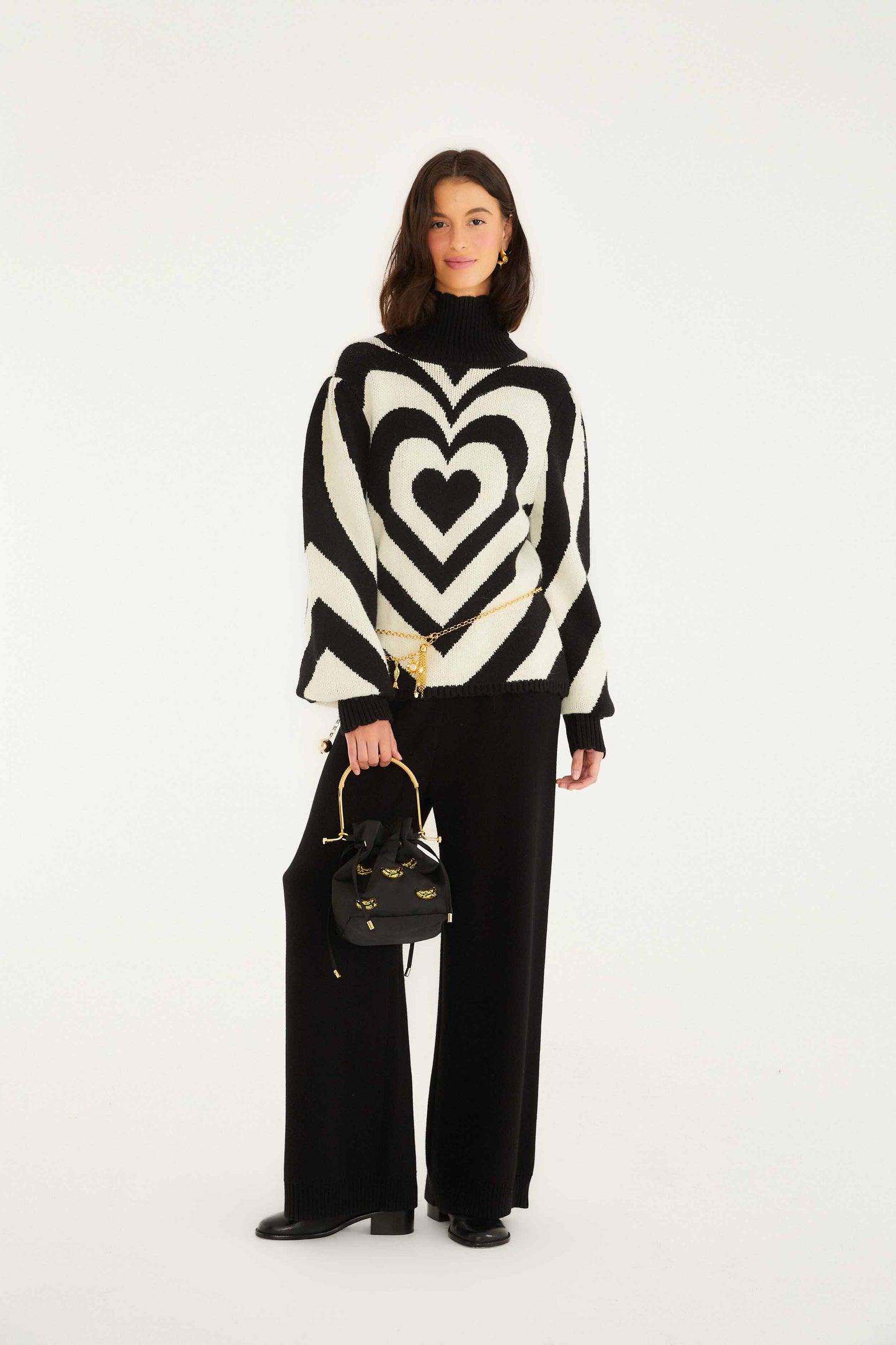 FARM Rio model wearing the Black And White Heart Gradient Knit Sweater