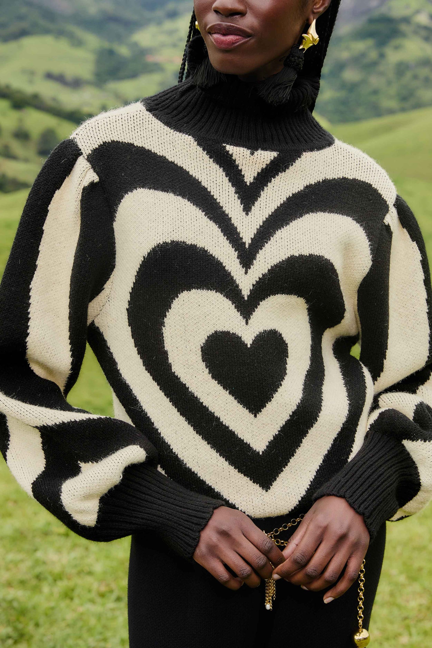 FARM Rio model wearing the Black And White Heart Gradient Knit Sweater