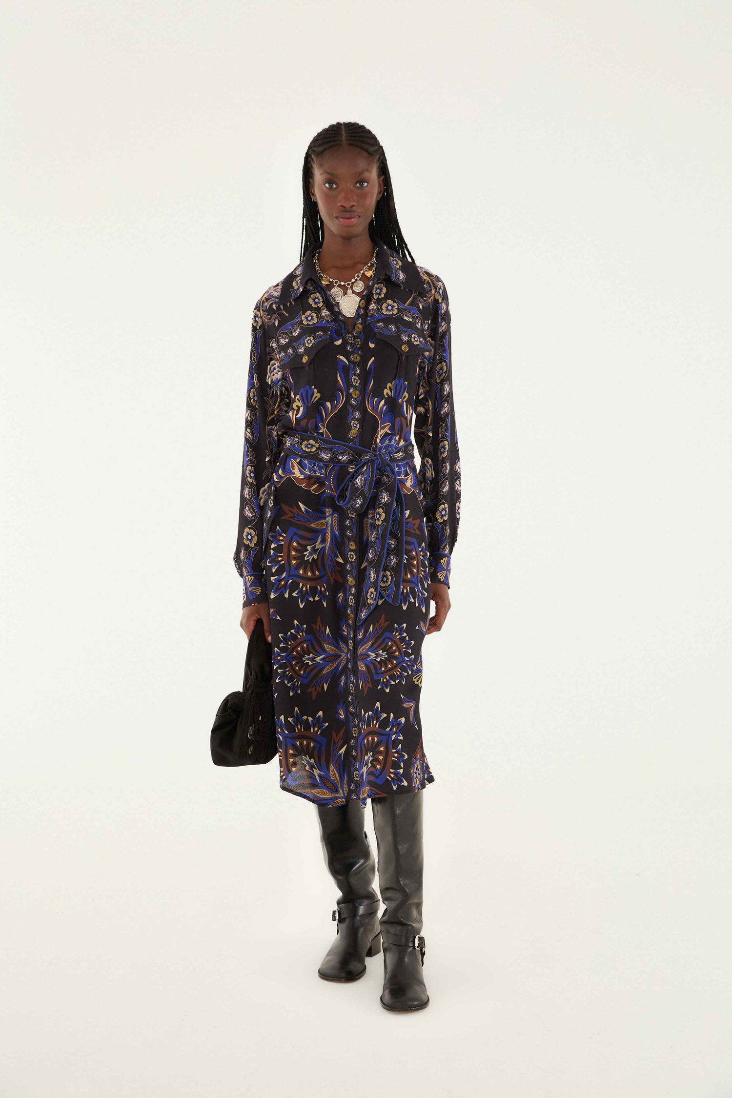 FARM Rio model wearing the Black Arabesque Mix Scarves Midi Dress