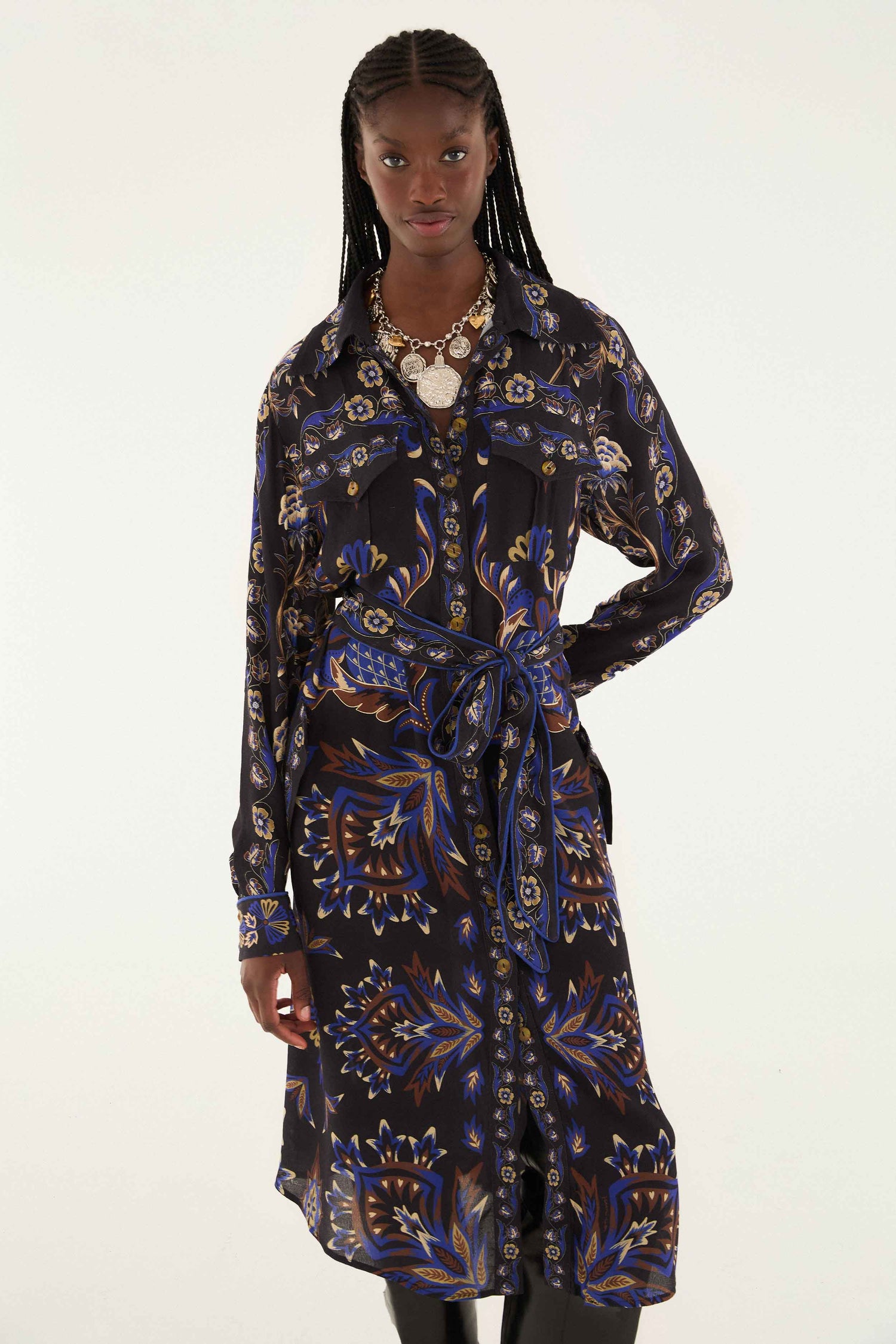 FARM Rio model wearing the Black Arabesque Mix Scarves Midi Dress