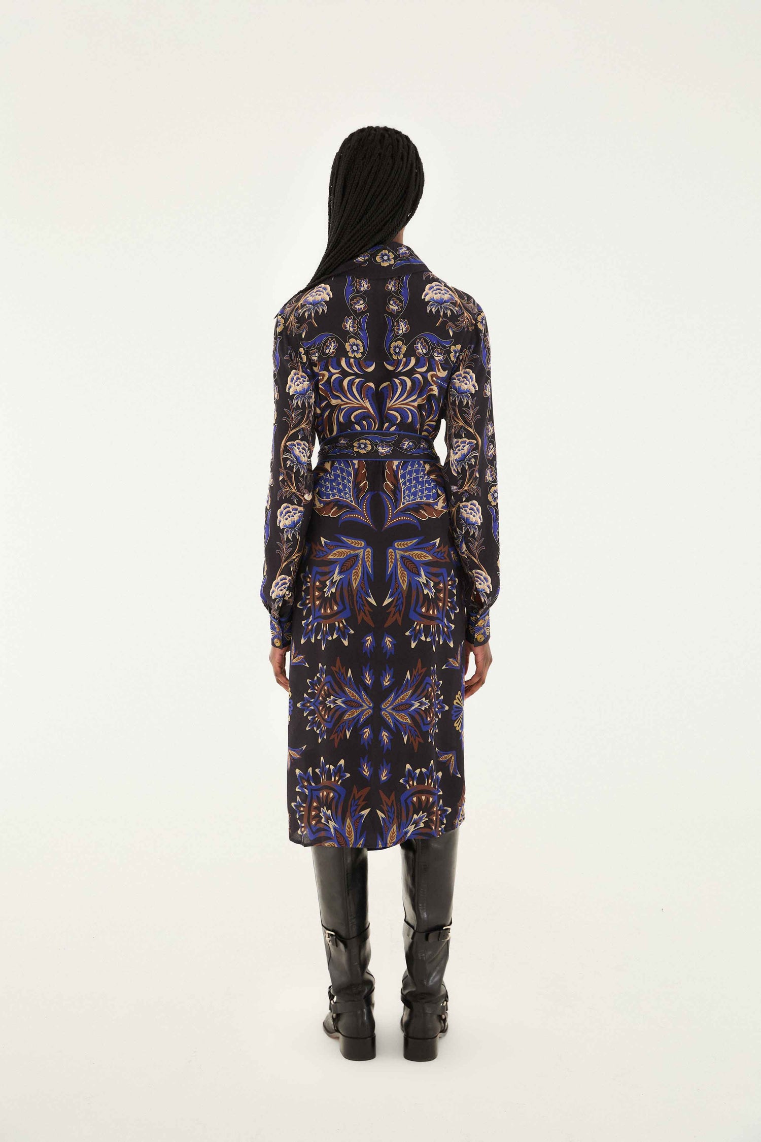 FARM Rio model wearing the Black Arabesque Mix Scarves Midi Dress