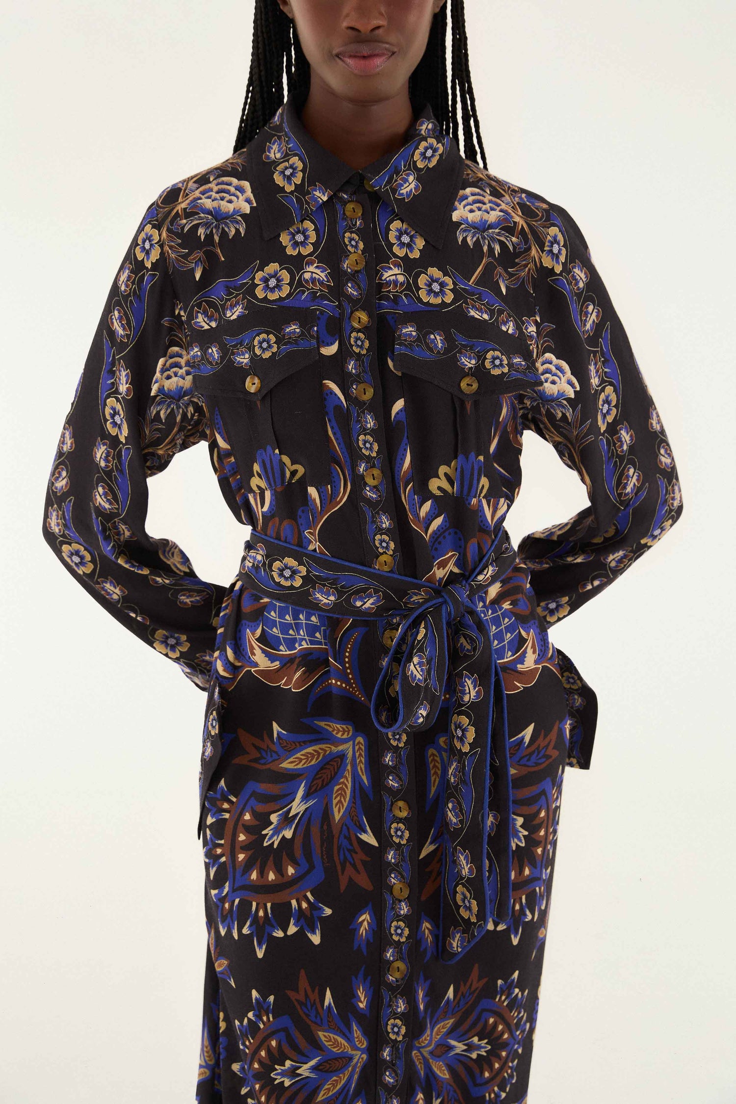 FARM Rio model wearing the Black Arabesque Mix Scarves Midi Dress