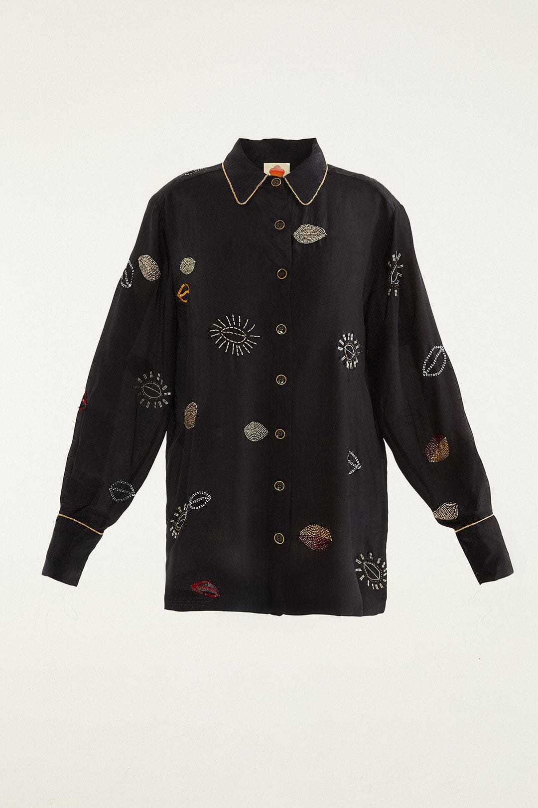 FARM Rio model wearing the Black Beaded Kisses Buttoned Pajama Shirt