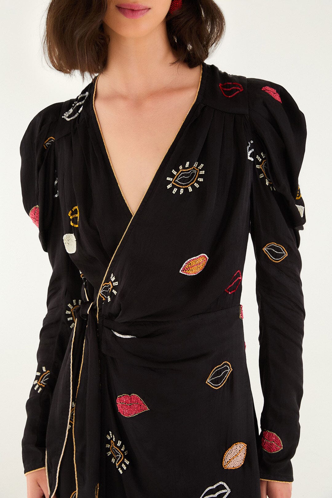 FARM Rio model wearing the Black Beaded Kisses Lenzing� Ecovero� Viscose Wrap Mini Dress